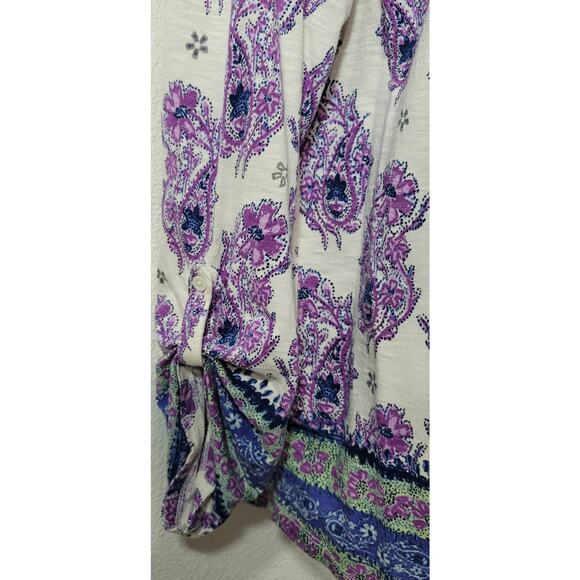 Style & Co Purple Blue Cream Floral Print Button Up Top Large Lightweight Soft - Picture 2 of 5